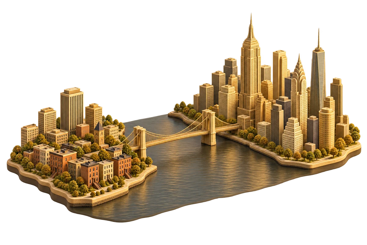 Conceptual 3D illustration of high-rises and townhouses connected by a bridge across a river