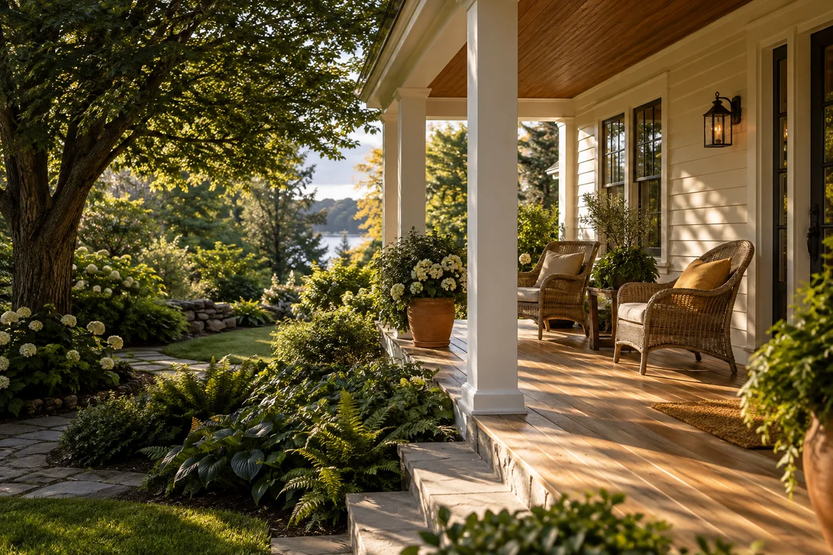 Illustrative welcoming porch and garden